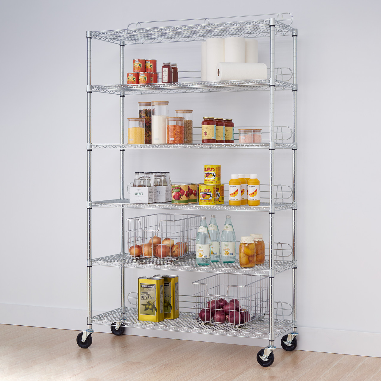 TRINITY EcoStorage® 6-Tier Wire Shelving w/ Backstands  Wheels,  NSF-certified, Chrome