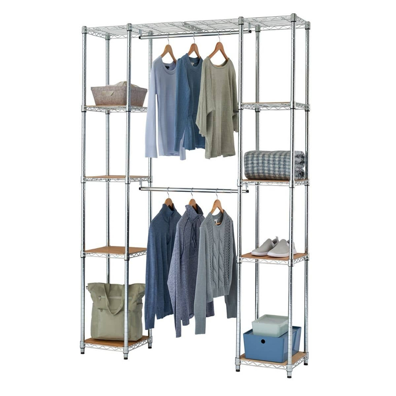 Amazon.com: Jotsport Double Rod Clothing Garment Rack Heavy Duty Clothes  Hanging Stand with Storage Shelf Folding Beech Wood Wardrobe Organizer for  Adults Child Dress up Rack : Everything Else