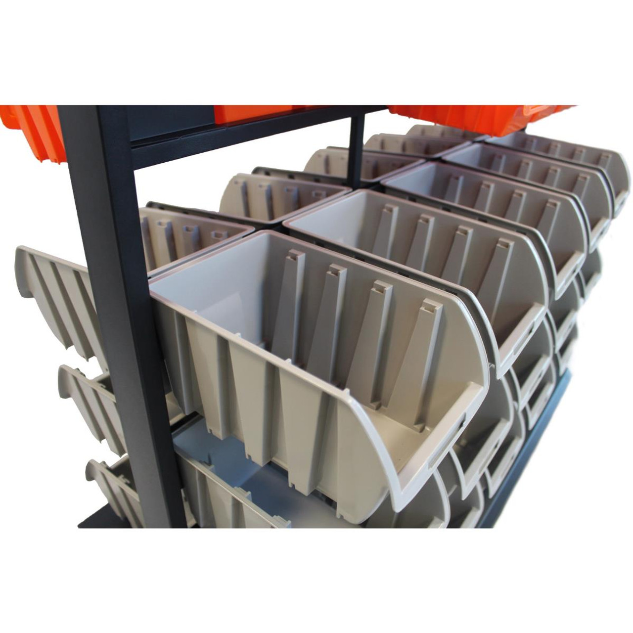 Mobile storage bin rack with 112 storage bins, double-sided