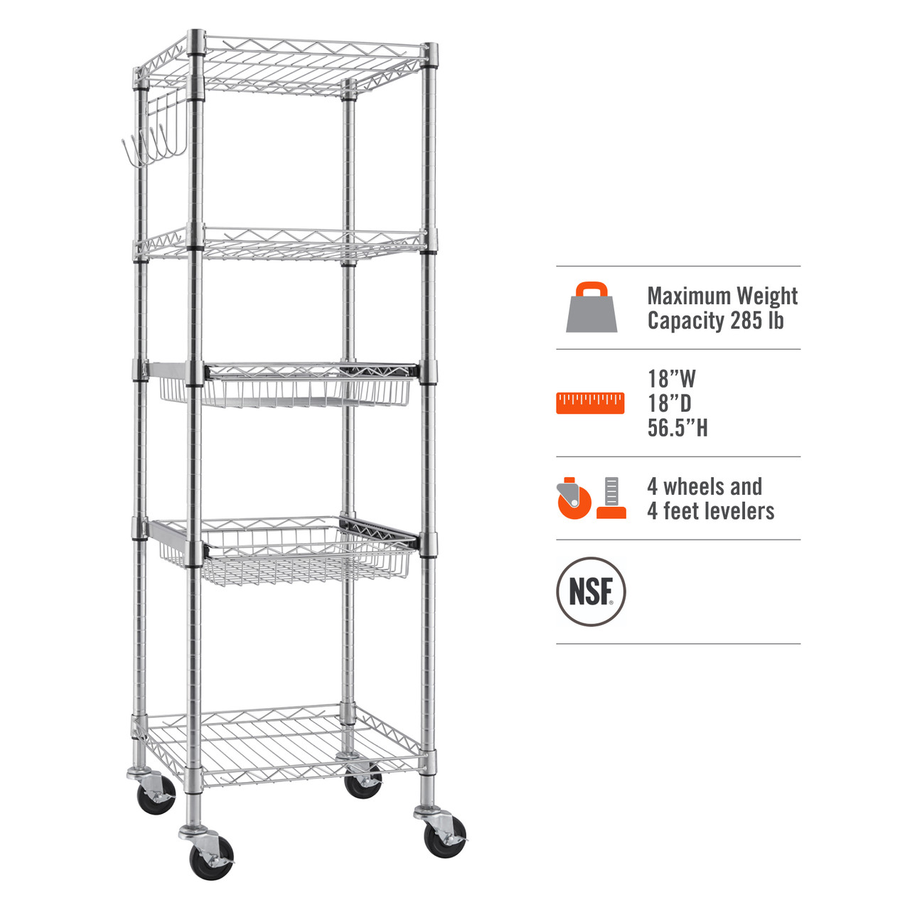 TRINITY EcoStorage® 5-Tier Square Rack w/ Wheels, NSF, Chrome