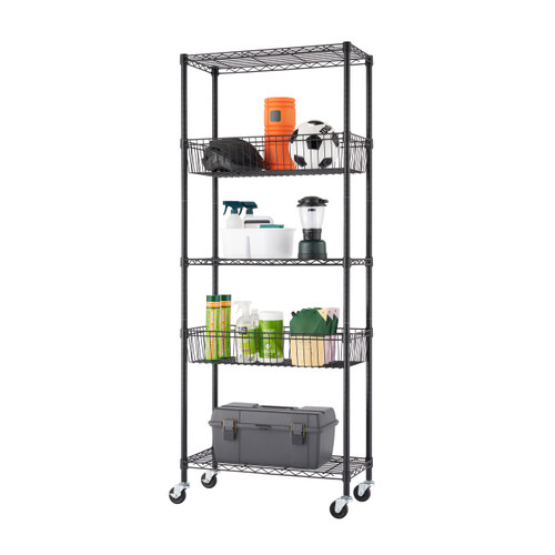 five tier wire shelving rack with items on shelves