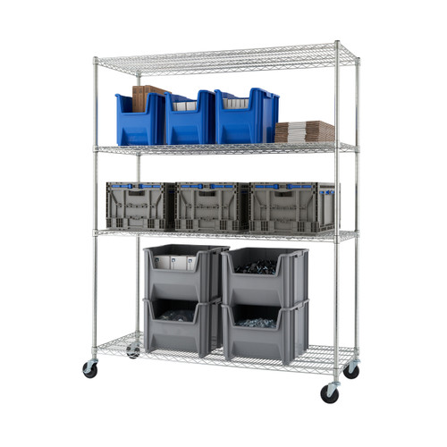 chrome wire shelving in 4 tier, filled with kitchen items