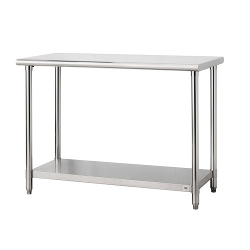 TRINITY Stainless Steel table with trinity logo on the left side of the bottom shelf