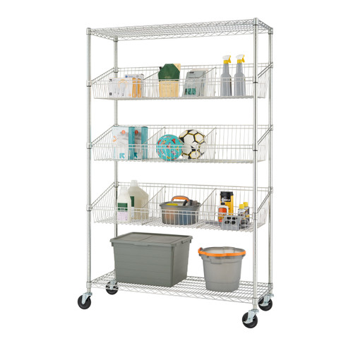5-tier wire shelving with baskets and dividers with items on shelves