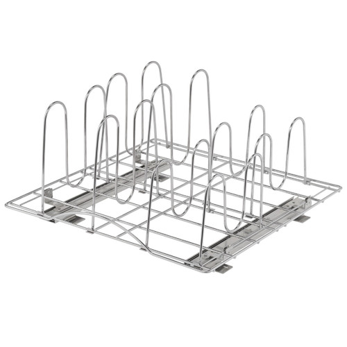 chrome color sliding pot organizer with 8 w shape wire dividers in varying sizes
