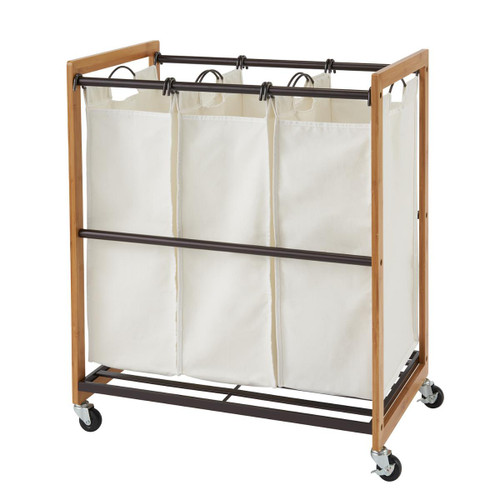 bamboo laundry cart with 3 white cotton bags and bronze metal bottom shelf