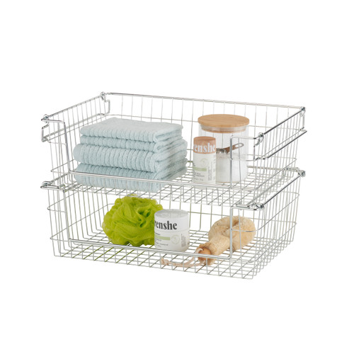 Chrome wire baskets stacked on top of each other with items inside
