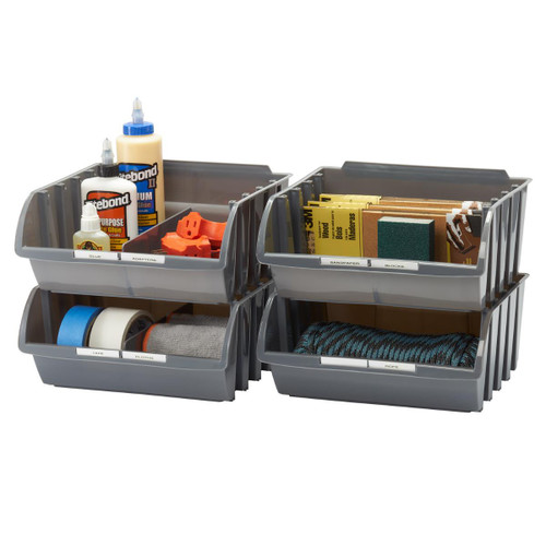 four large dark gray bin filled with variety of garage supplies