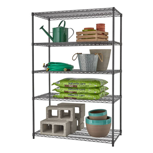 5 tier black anthracite textured wire shelving filled with gardening items like water can, clay pots, hoses, pail, soil sacks, and cinder blocks