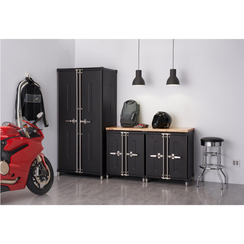 trinity pro 5 set garage cabinet set with 1 locker cabinet, 2 base cabinets, and 1 54 inch wide solid wood top