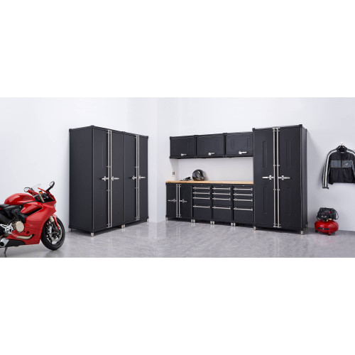 trinity pro 11 piece garage cabinet set with 3 locking cabinets, 1 base cabinet, 3 base cabinets with drawer, 3 wall cabinets, and 1 84 inch wide solid wood top