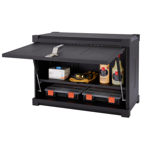 open wall cabinet with 1 shelf filled car care product