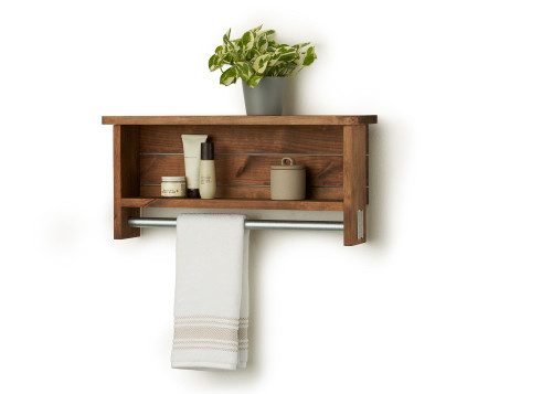 wooden bathroom shelf with a towel rack