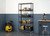 shelving rack in a garage filled with tools and woodworking supplies