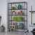 black anthracite wire shelving rack used in garage filled with gardening tools, pots, and soil sack