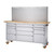 stainless steel workbench with pegboard, 12 drawers, wood top with overhang, and 4 swivel wheels