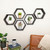 5 black hexagon wall shelves in a living room filled with trinkets