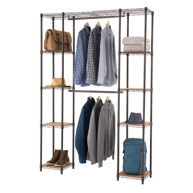 dark bronze closet rack with two shelving tower with 5 shelves each and 2 metal hanging rods placed in center
