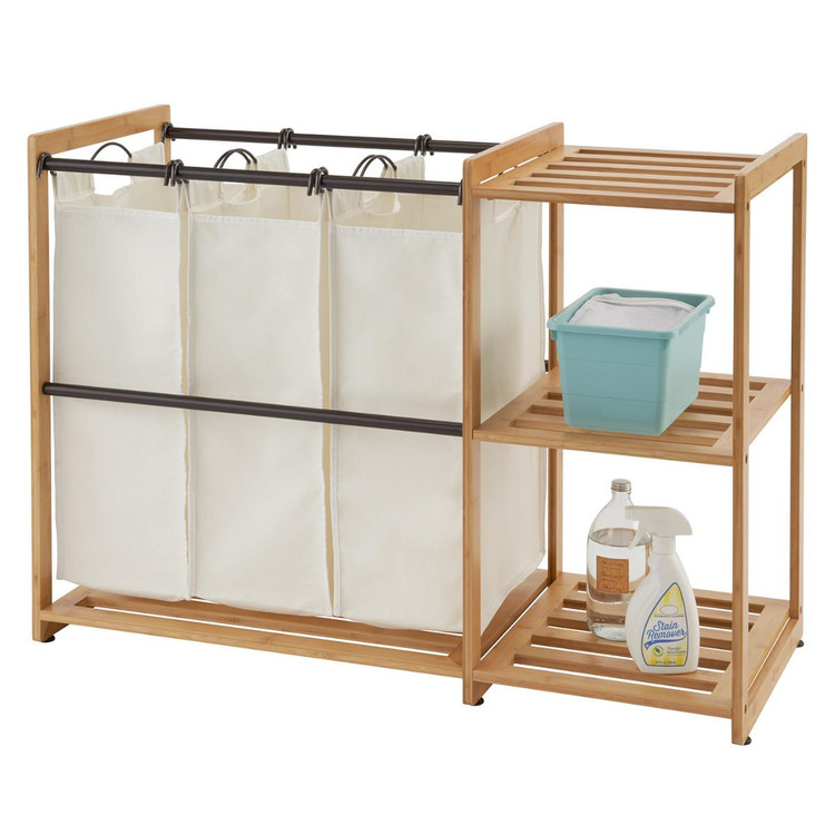 bamboo laundry station with shelves filled with towels and cleaning supplies