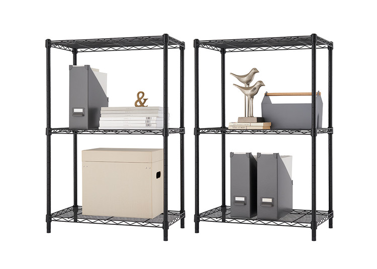 2 shelving racks with office supplies