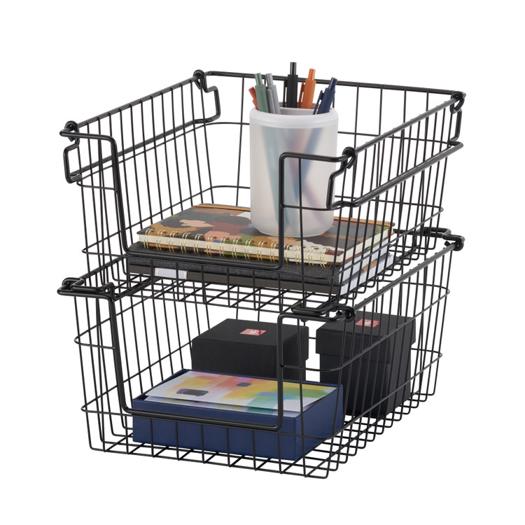 Black wire storage baskets stacked on top of each other with items inside
