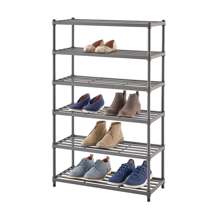 six tier metal slat shoe rack with shoes on each shelf