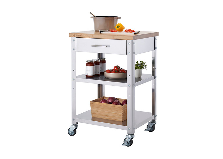 Stainless steel kitchen cart with bamboo top filled with kitchen items