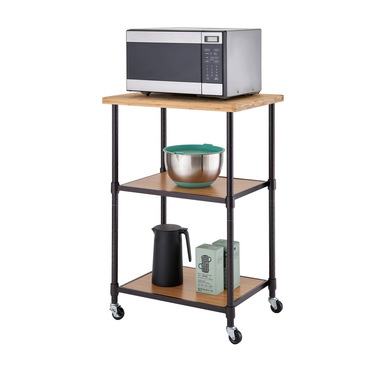 3-tier kitchen cart with bamboo top with items on its shelves