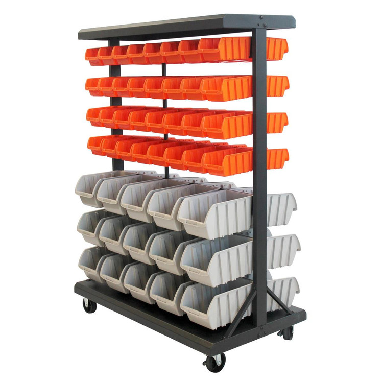 trinity dual sided bin rack with wheels and with 64 small orange bins and 30 regular size medium gray bins