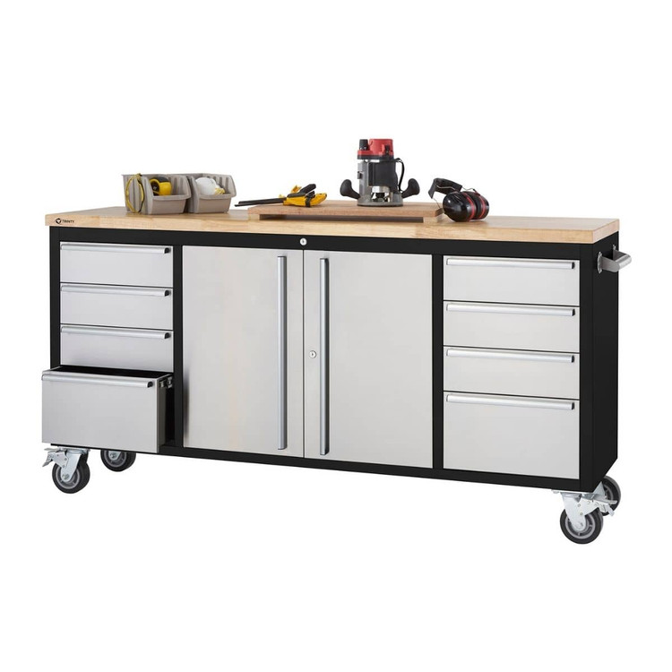 black and stainless steel trinity workbench with solid wood top
