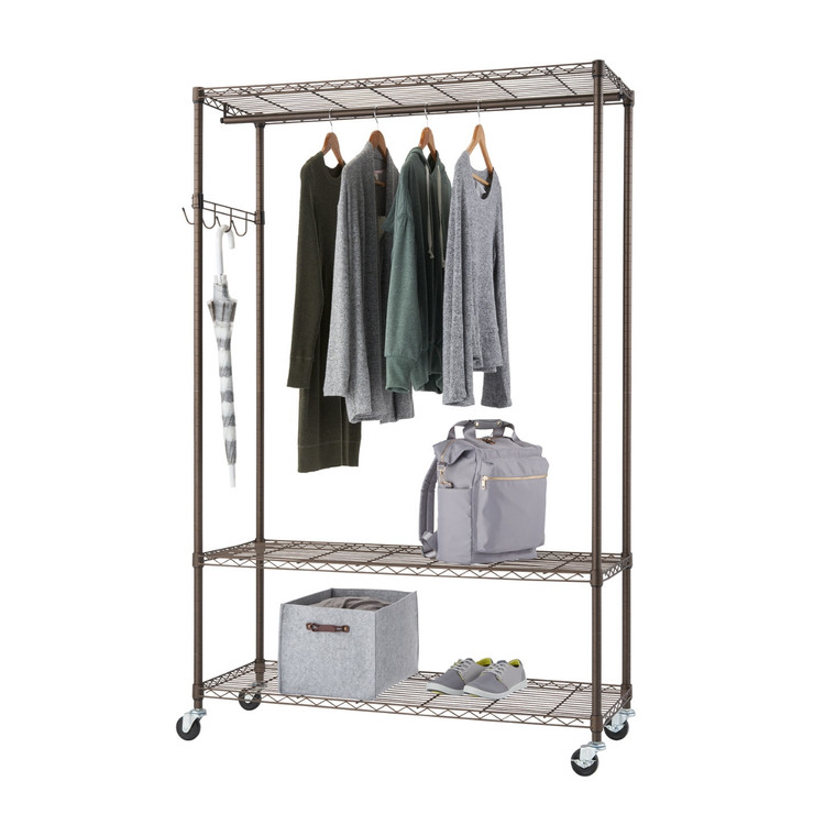 bronze anthracite metal rolling closet organizer with 3 shelves and 1 hanging rod filled with clothes
