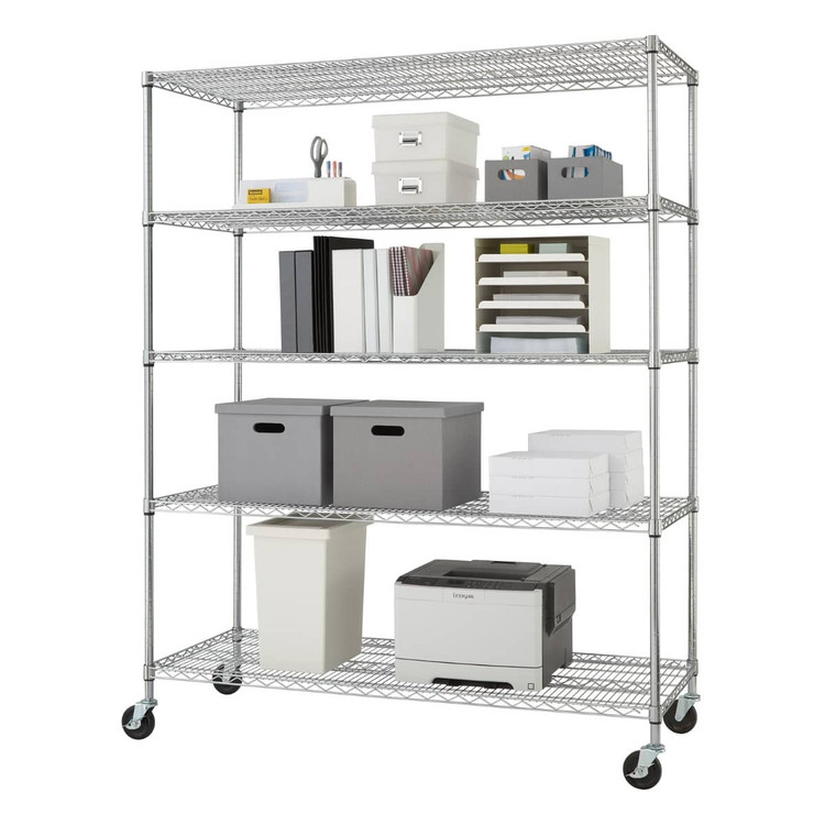 large chrome wire shelving rack filled with office supplies