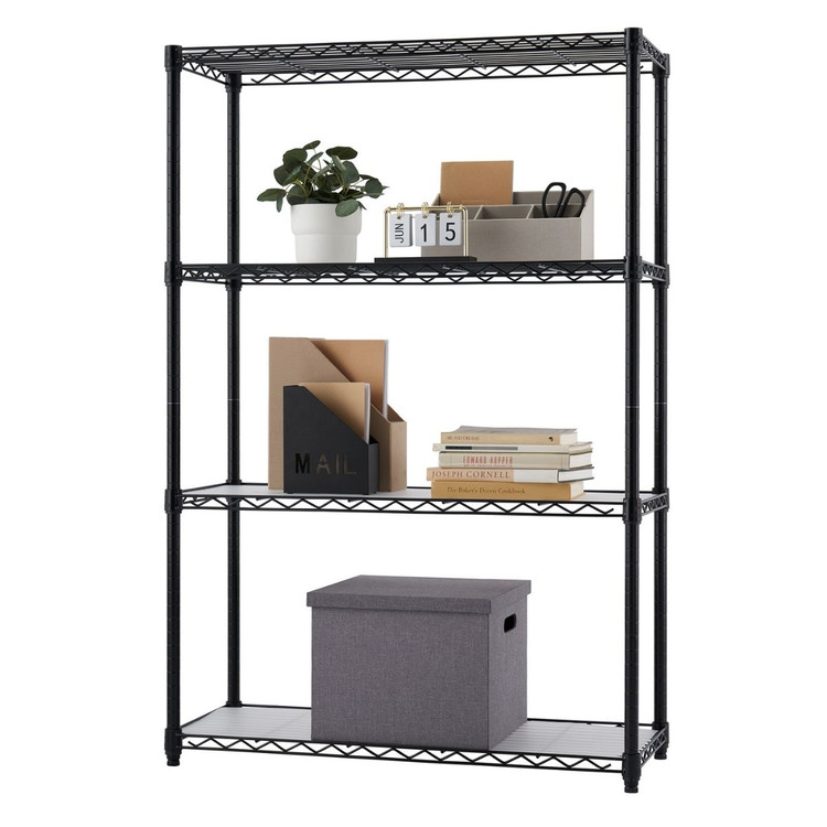 small black trinity wire shelving rack with 4 shelves filled with home office items