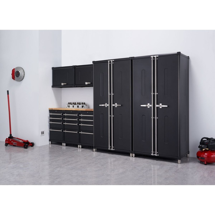 8 piece trinity pro garage cabinet set consisting of 2 locker cabinets 2 wall cabinets, 3 base cabinets with drawers, a 1 56 inches wide wood top