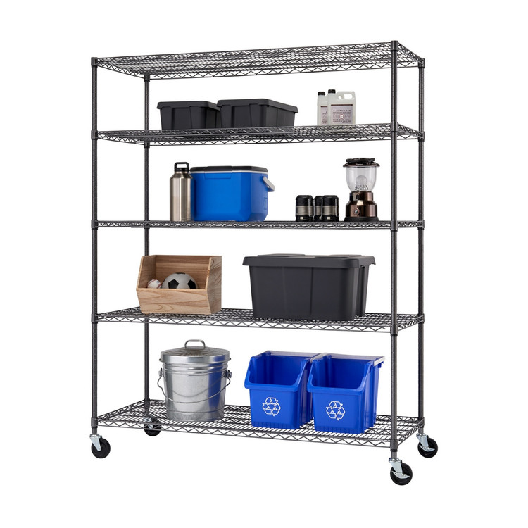 Black 5 tier wire shelving rack filled with garage supplies