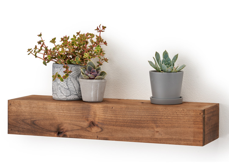 wood floating wall shelf with indoor planters