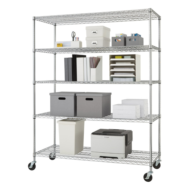 five tier wide chrome open box shelving rack for office use