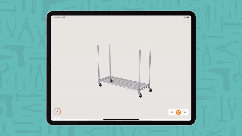 bilt app interface showing how the instructions on a shelving rack step by step