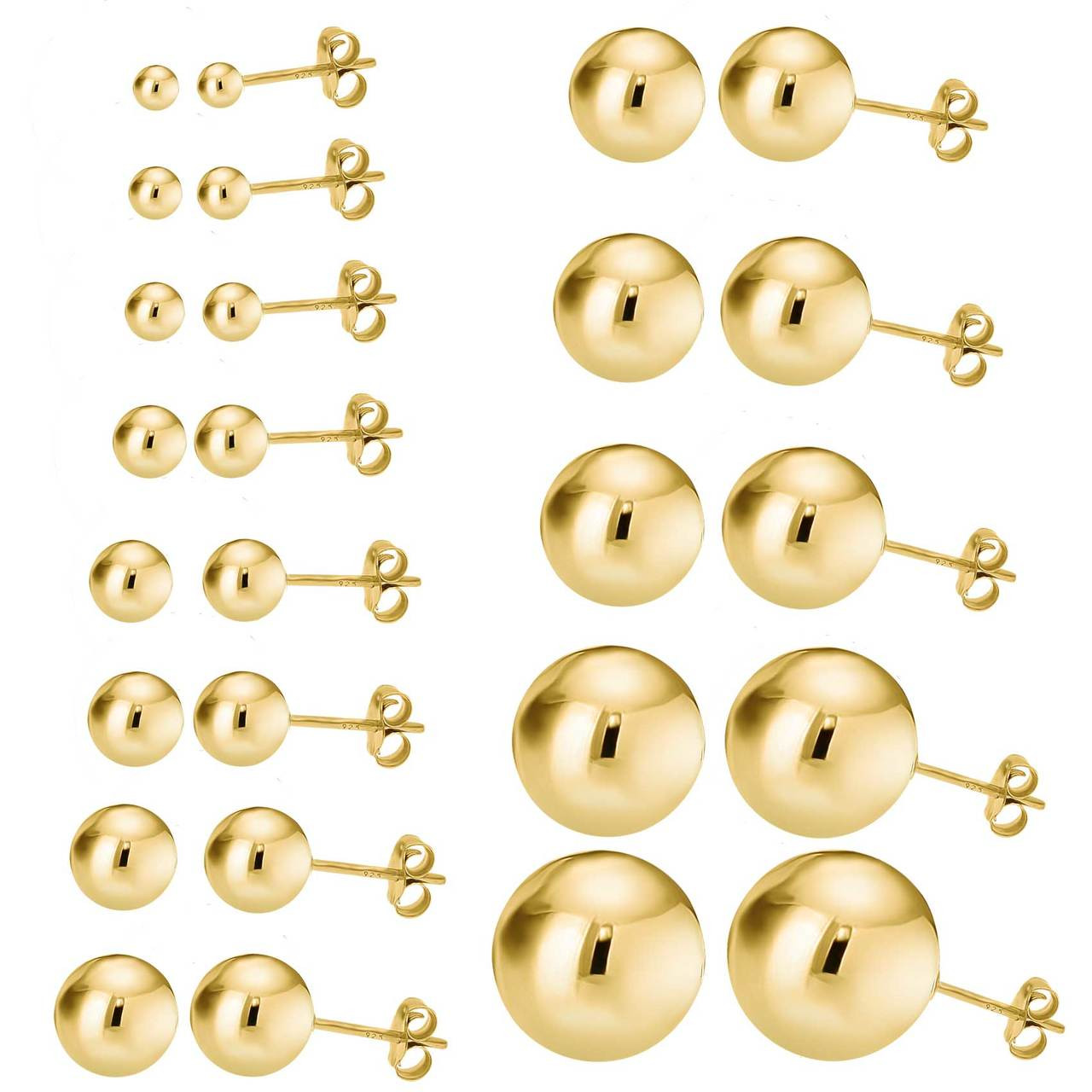 14K Gold Over 925 Silver High Polish Smooth Round Ball Stud Earring 3-Size Set - 6mm, 7mm, 8mm