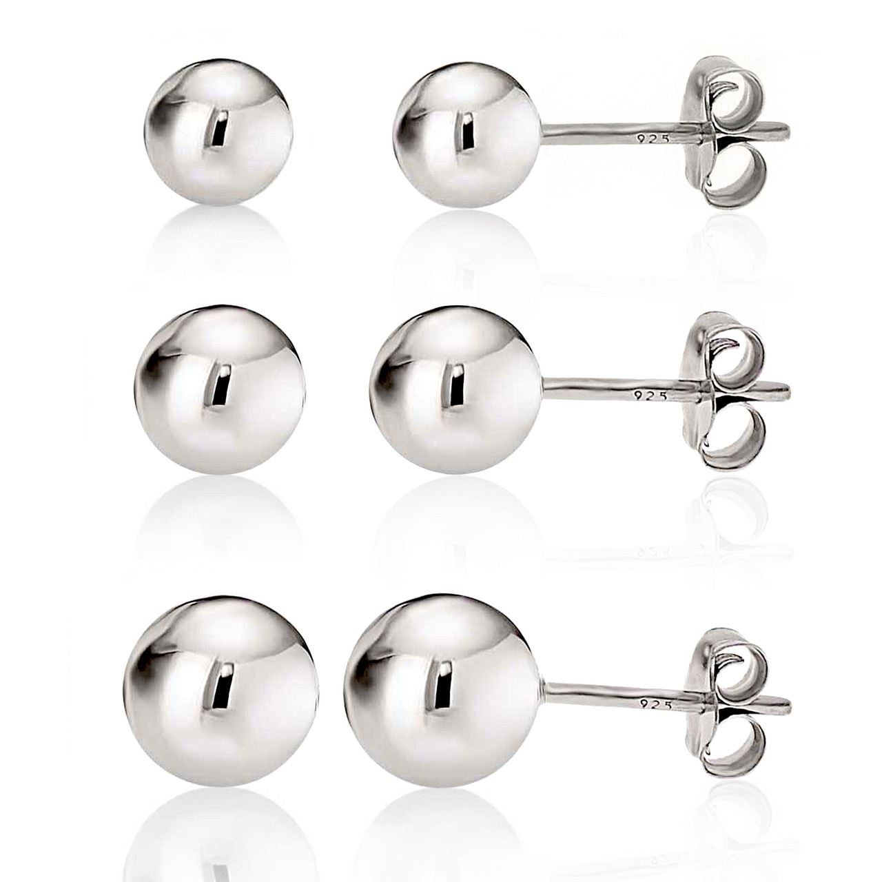 Sterling Silver Round Ball Stud Earring 3-Size Set - 5mm, 6mm, 7mm