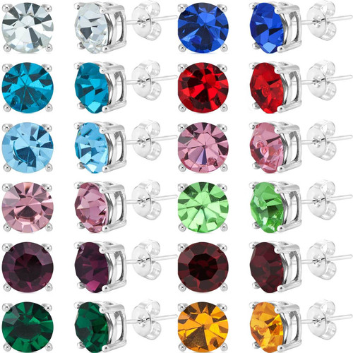Silver Plated Round 8mm Birthstone Stud Earrings with Preciosa Crystal