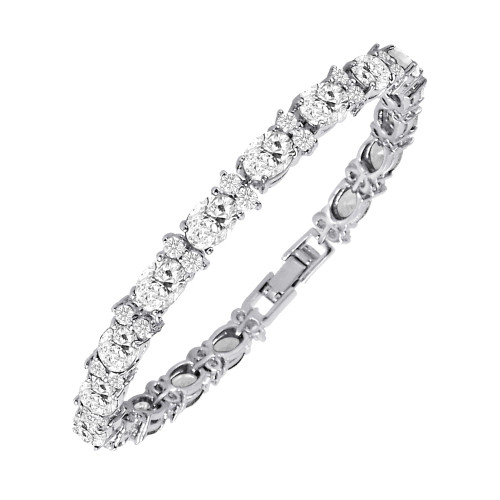 Silver Plated Brass Oval 7x5mm and Round 2.5mm CZ Tennis Bracelet - 7 inch