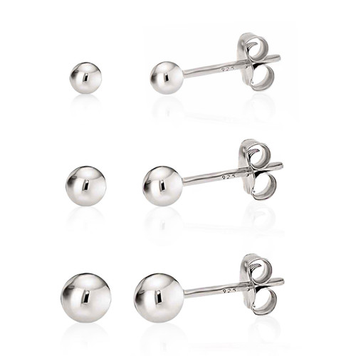 Ball Stud Earrings Silver Sterling Polished Round Ball Three Pair Sets for Women Hypoallergenic