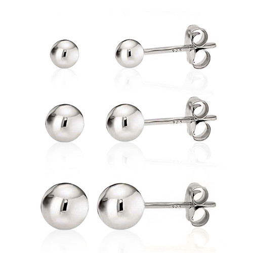 925 Sterling Silver High Polish Smooth Round Ball Stud Earring 3-Size Set - 3mm, 4mm, 5mm