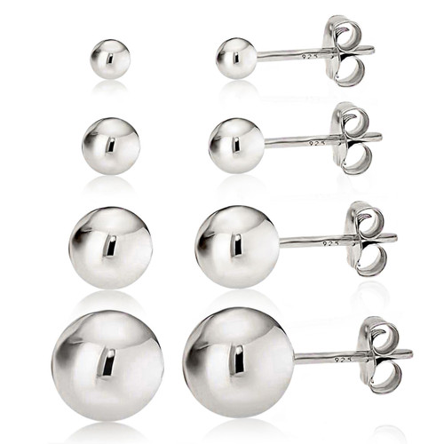 Ball Stud Earrings Silver Sterling Polished Round Ball Three