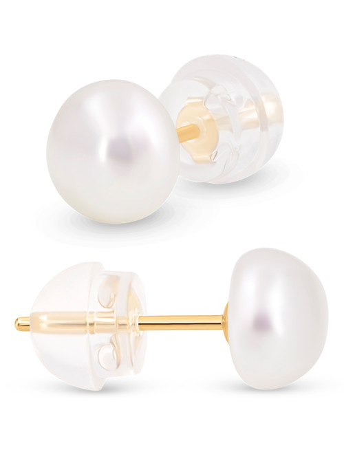 White Freshwater Button Pearls Stud Earrings - 14K Yellow