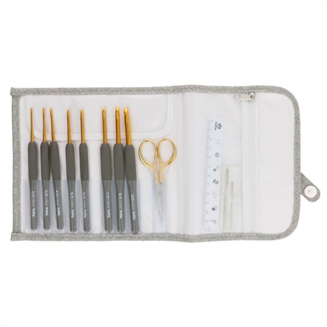 Tulip Etimo Crochet Hook Set Cushion Handle Hooks in a Soft Grey, the  Needle/hook Part is Gold. the Set Contains 8 Cushion Grip Hooks 