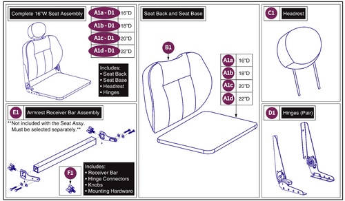 16"W Hi-Back w/ Solid Seat Pan, 115° LTD Recline