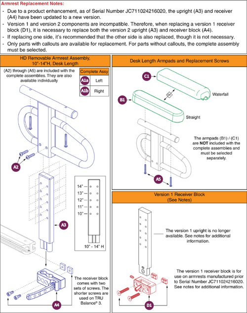 HD Removable Armrests, 10"-14"H, Desk Lgth, TB3
