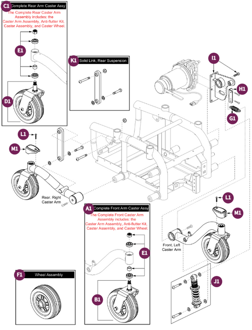 Caster Assy - Left Front, Right Rear, Jazzy 614